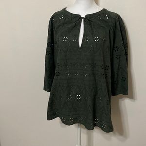 J jill dark green top 3/4 length sleeves all in eyelet material. Size L